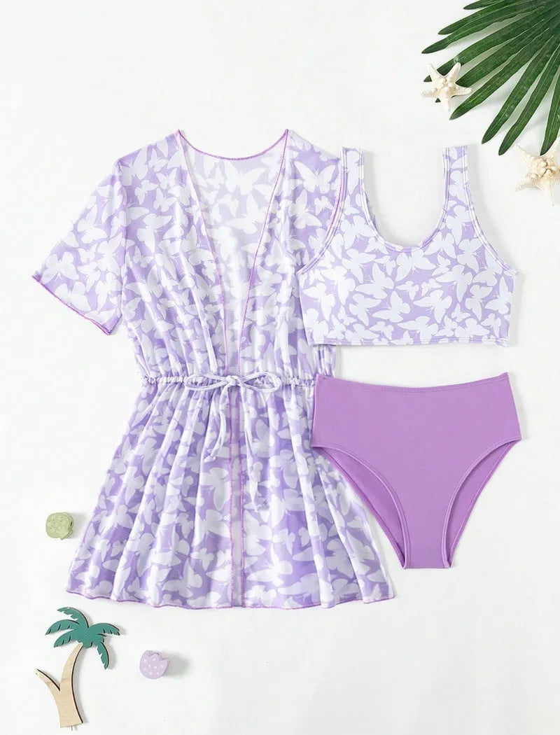 Girls' three-piece polyester swim cover-up set in colour 3218 for ages 8-12