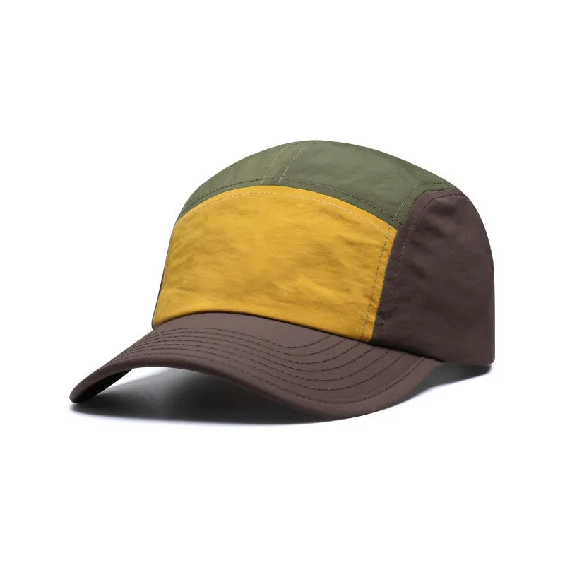 Set of five men's baseball caps in khaki, army green, orange, and yellow colours on a curved brim.