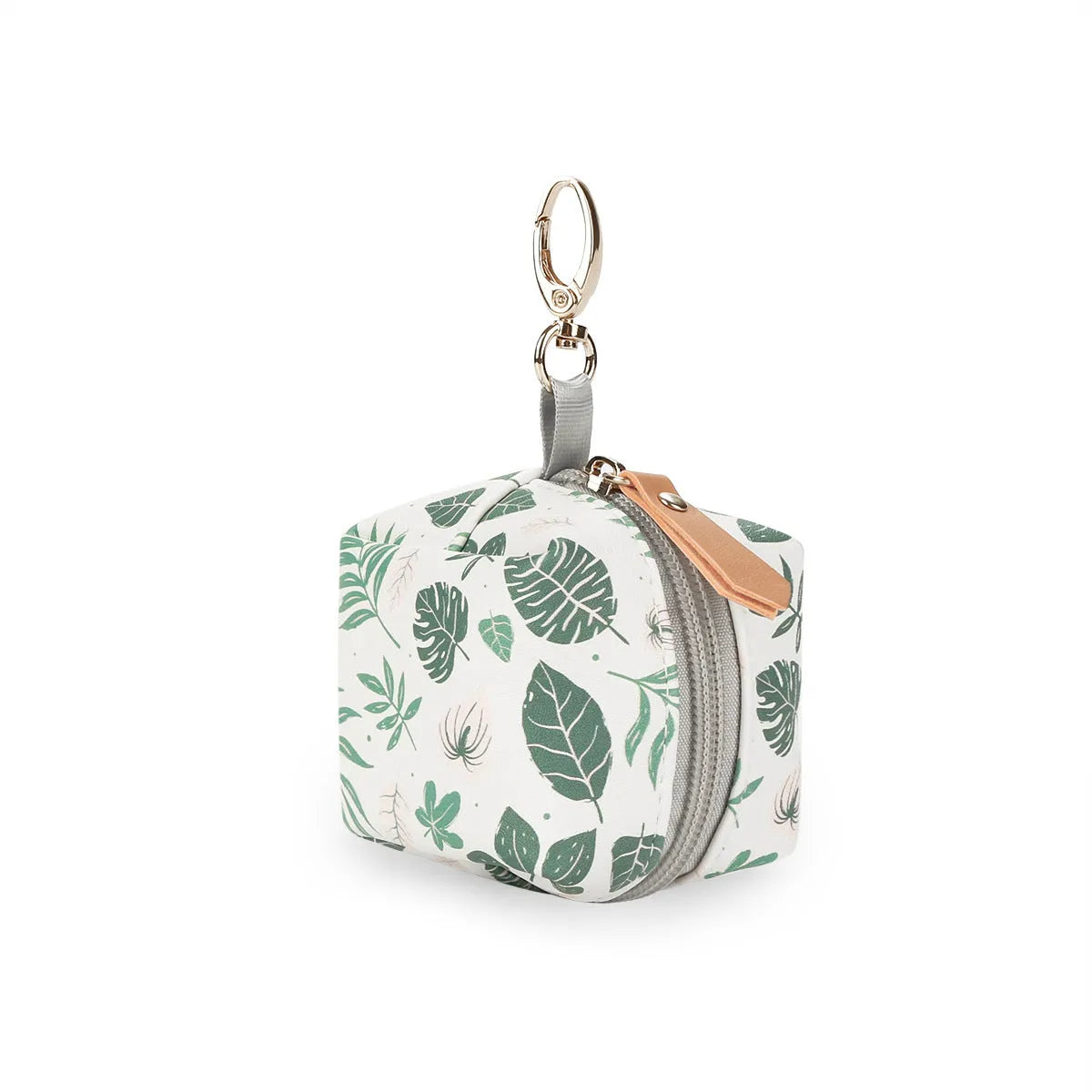 Baby pacifier holder case in PU leather with impervious nylon lining and buckle clip, holds 2 pacifiers, compact 6.35cm size