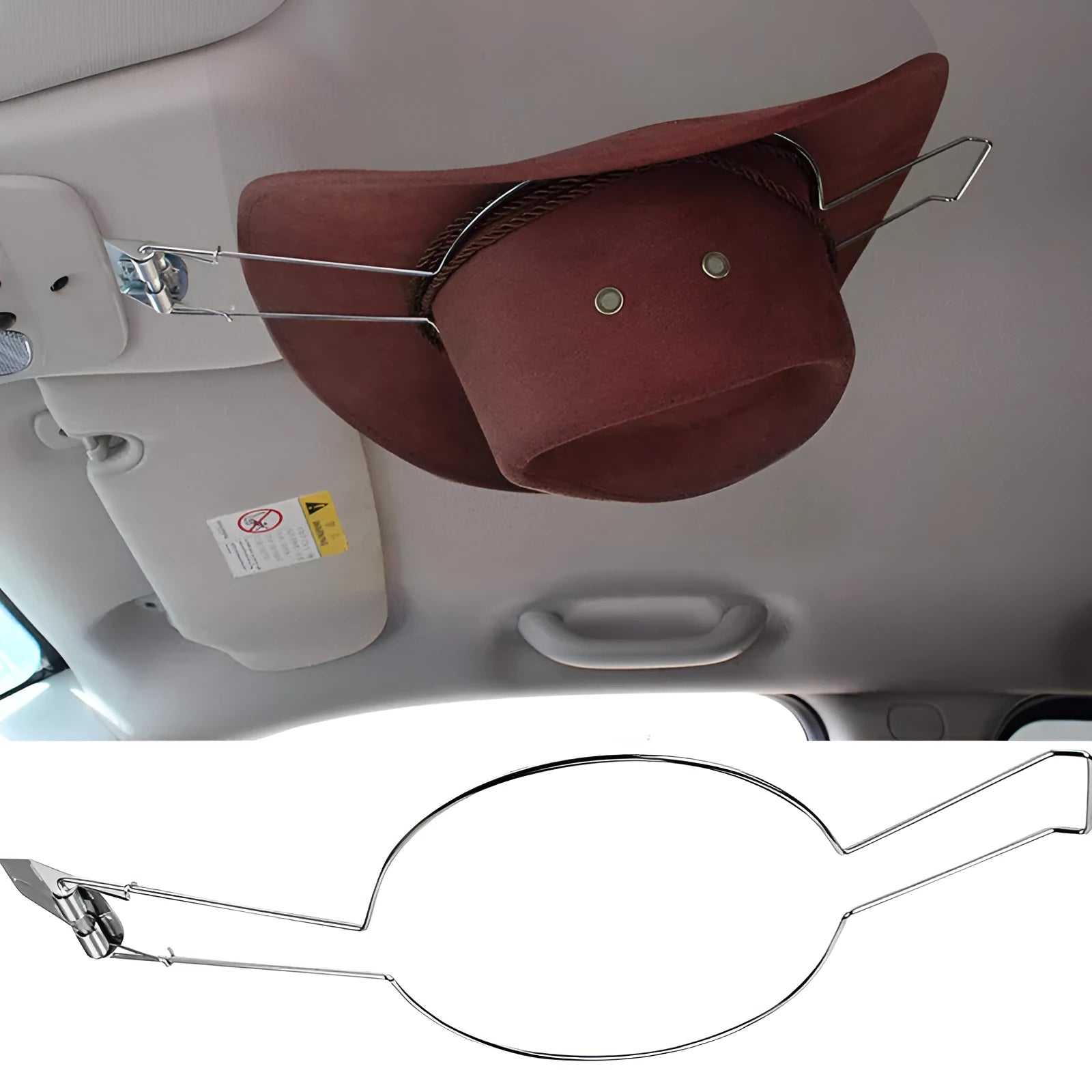 Brown chrome-plated metal car hat stand for organising coats and hats inside a vehicle