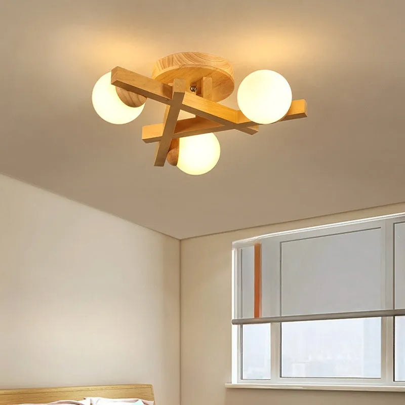 Wooden style modern ceiling lamp with three light heads for living room