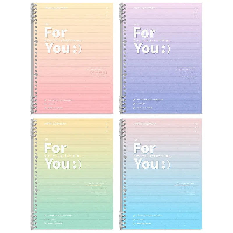 Gradient coloured removable coil notebook in blue, green, pink, or purple, showing A4 and B5 size options.