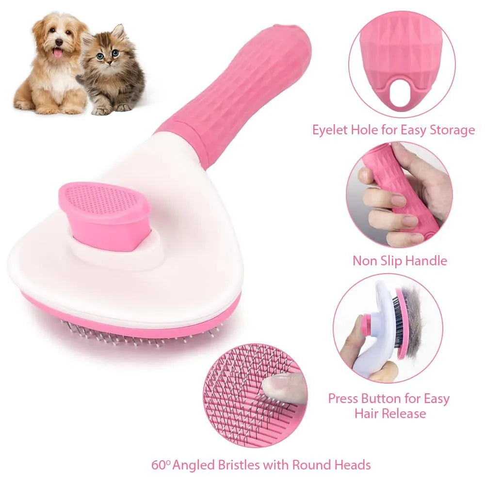 Blue cat grooming brush with a release button for removing loose fur and tangles