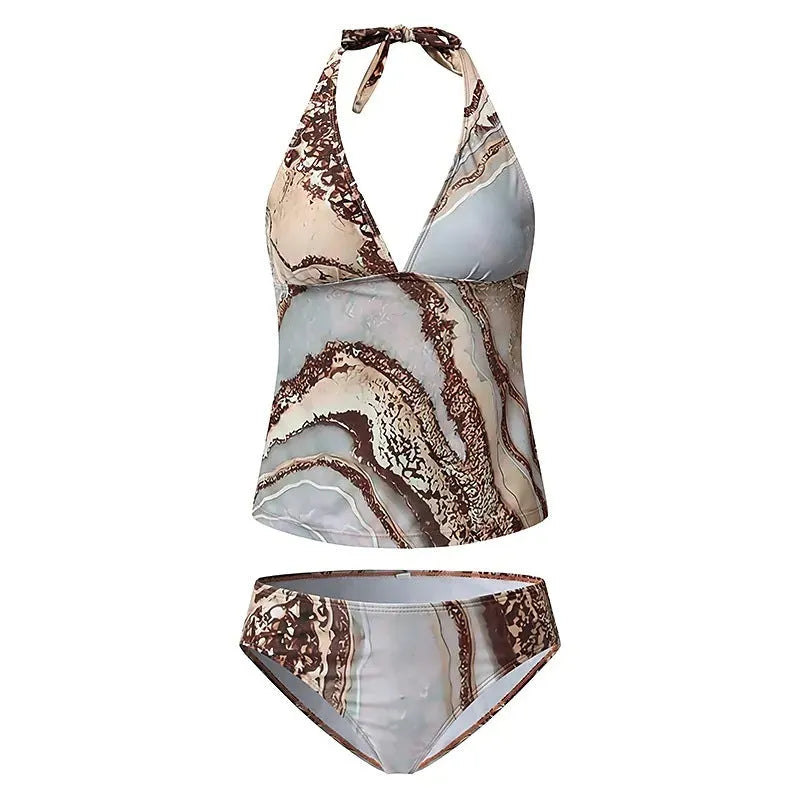 Brown women's polyester split bikini swimsuit showing top and bottom pieces