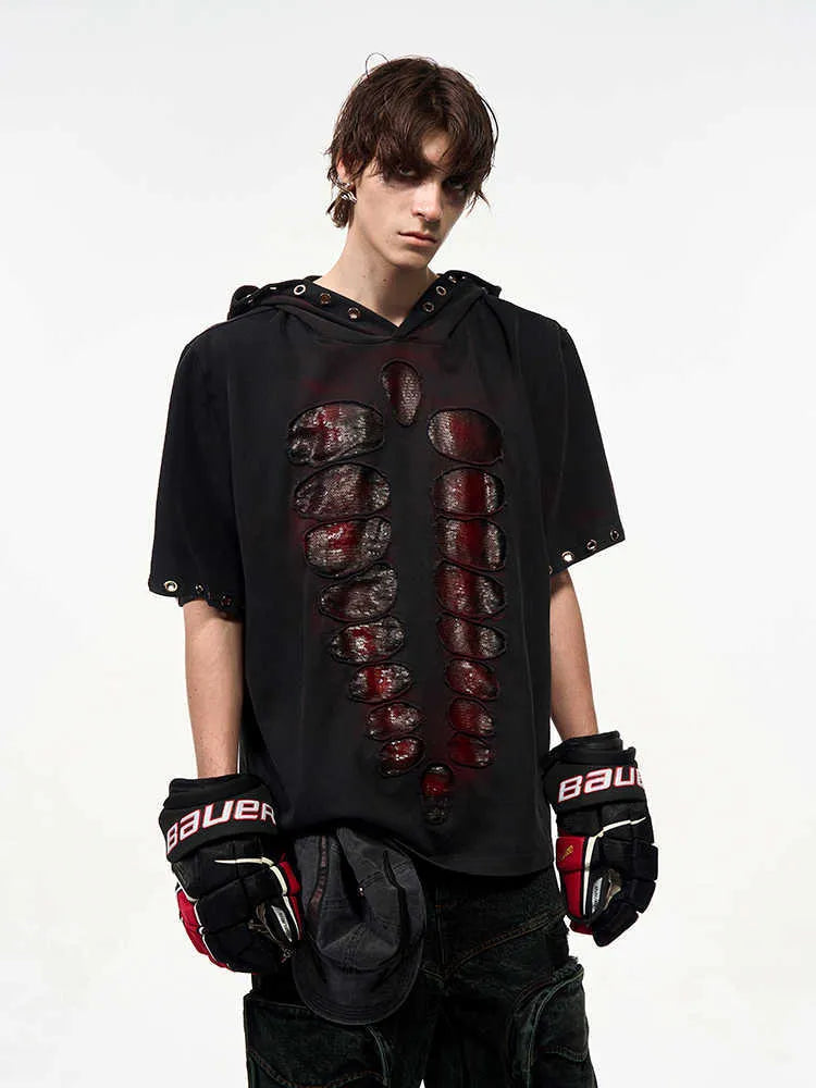 Black men's hooded short-sleeved T-shirt with sequin decoration loose fit