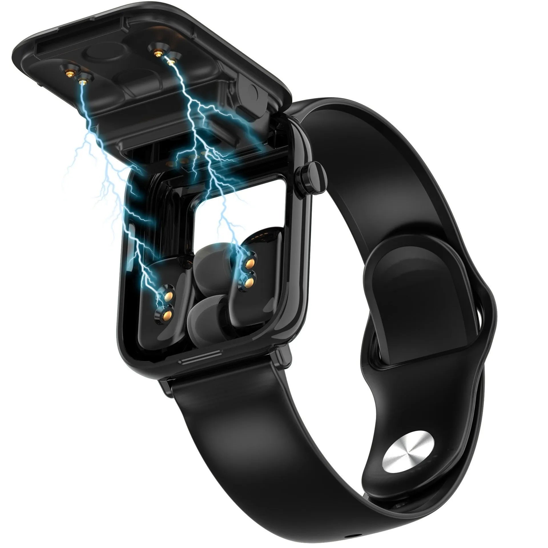 Black zinc alloy smartwatch with 1.69-inch touchscreen and Bluetooth earbuds in charging case.