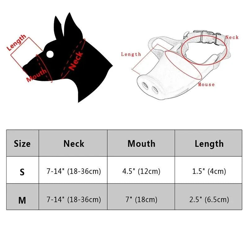 Blue and green silicone dog muzzle covers shown in small and large sizes for anti-bite training.