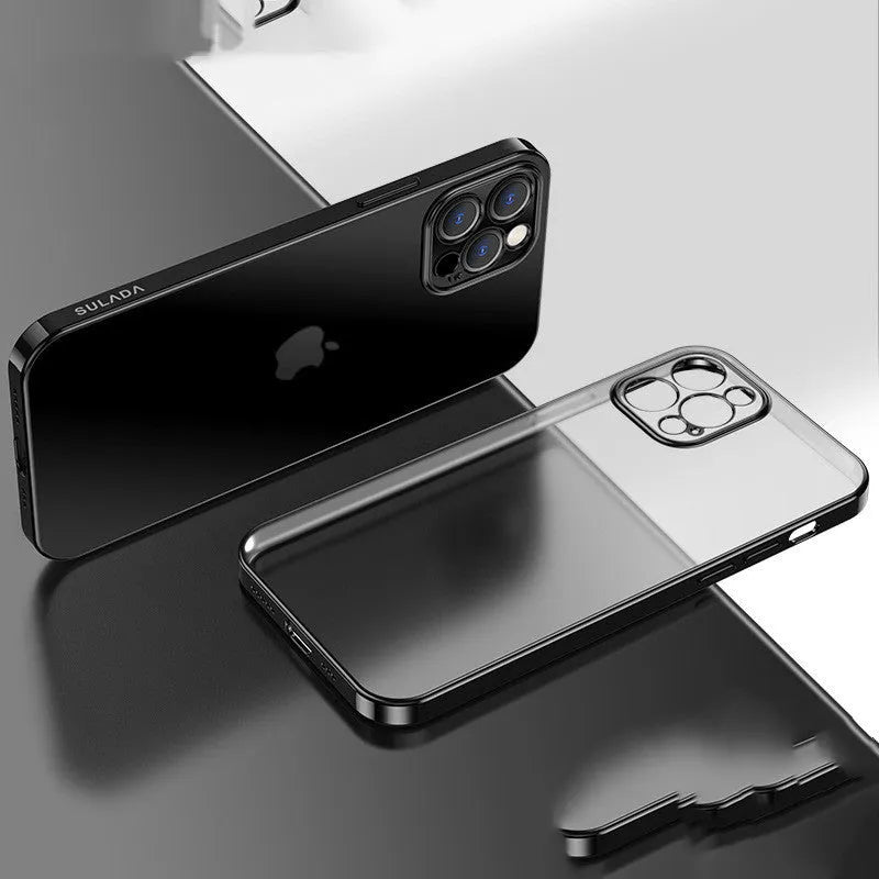 Transparent square frame silicone phone case for iPhone on a blue background.