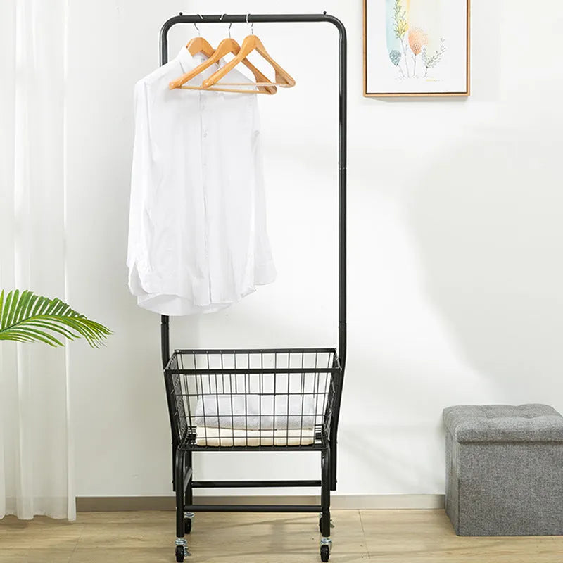 White single rod pulley storage car on castors with clothes hanger