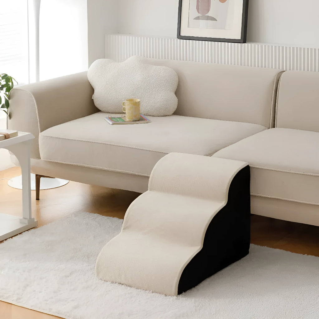 Wooden dog stairs in brown, available in two-step and three-step 30cm height configurations.