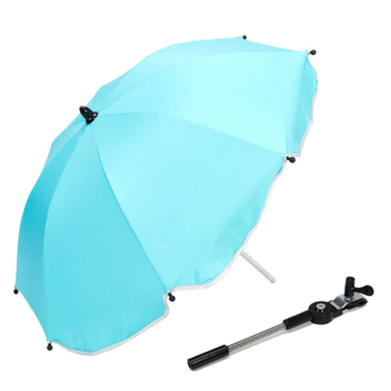 Black adjustable stroller umbrella with alloy handle and 8 steel bones attached to pram