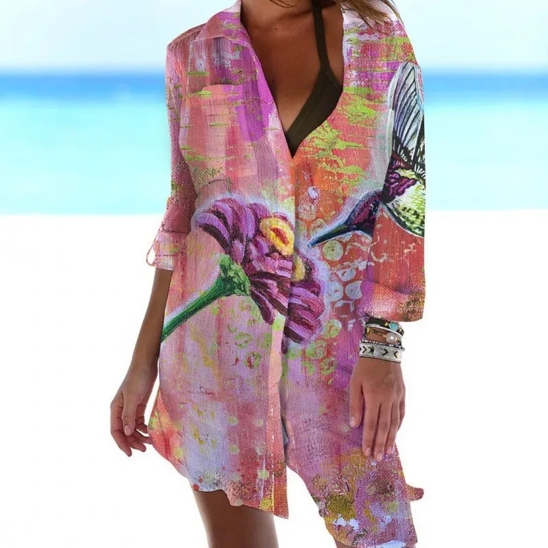Women's 3D printed bird-and-flower pattern beach cover-up shirt in slim-fit cardigan style