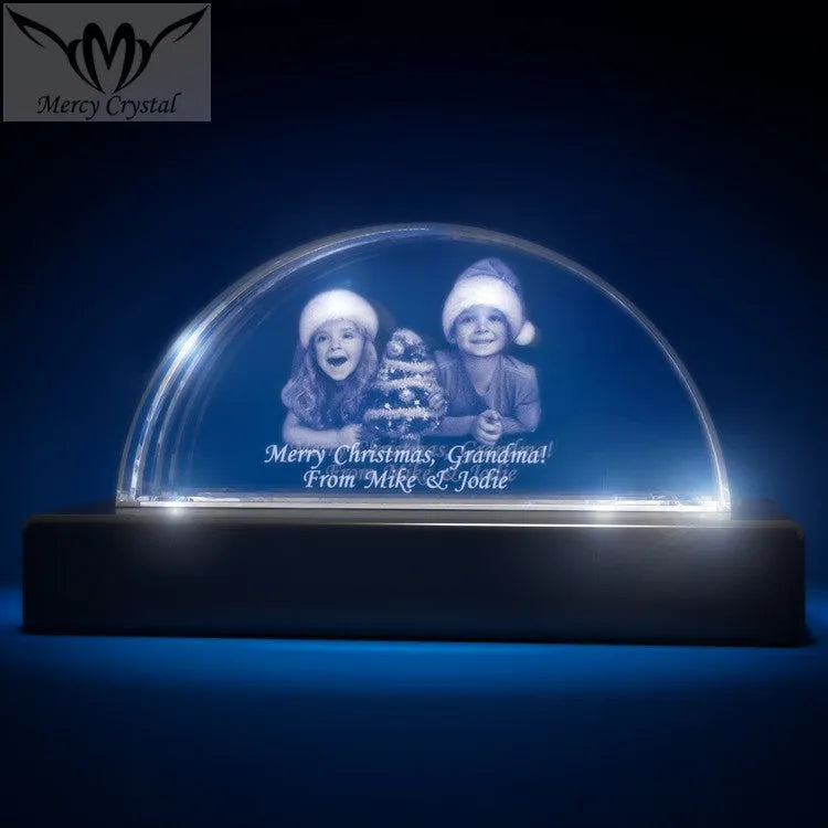 Custom laser engraved crystal sphere with personalised photo inside, available in multiple sizes and styles