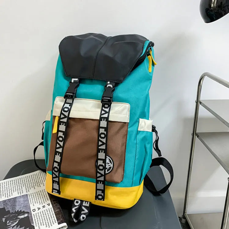 Oxford cloth school backpack showing black, green and red colour options with handheld and shoulder straps