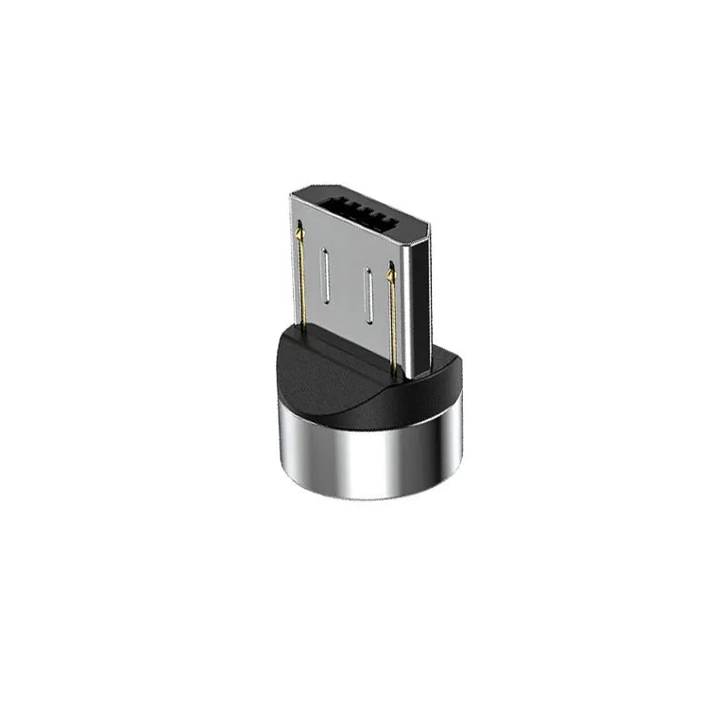 Black magnetic phone charging cable with spherical rotating connector and aluminium alloy ends on a white background.