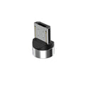 Black magnetic phone charging cable with spherical rotating connector and aluminium alloy ends on a white background.