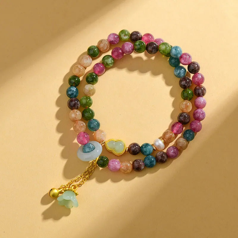 Natural chalcedony double ring bracelet with 6-6.5mm beads in C118 tourmaline colour geometric design