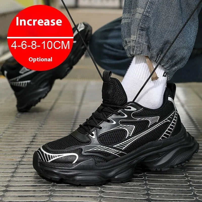 Men's casual breathable height increasing shoes with mesh upper and 10cm invisible lift, in white colour option
