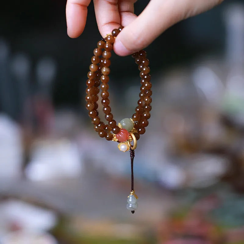 Brown jade and silver three-ring bracelet with butterfly gourd design for 14-16cm wrists