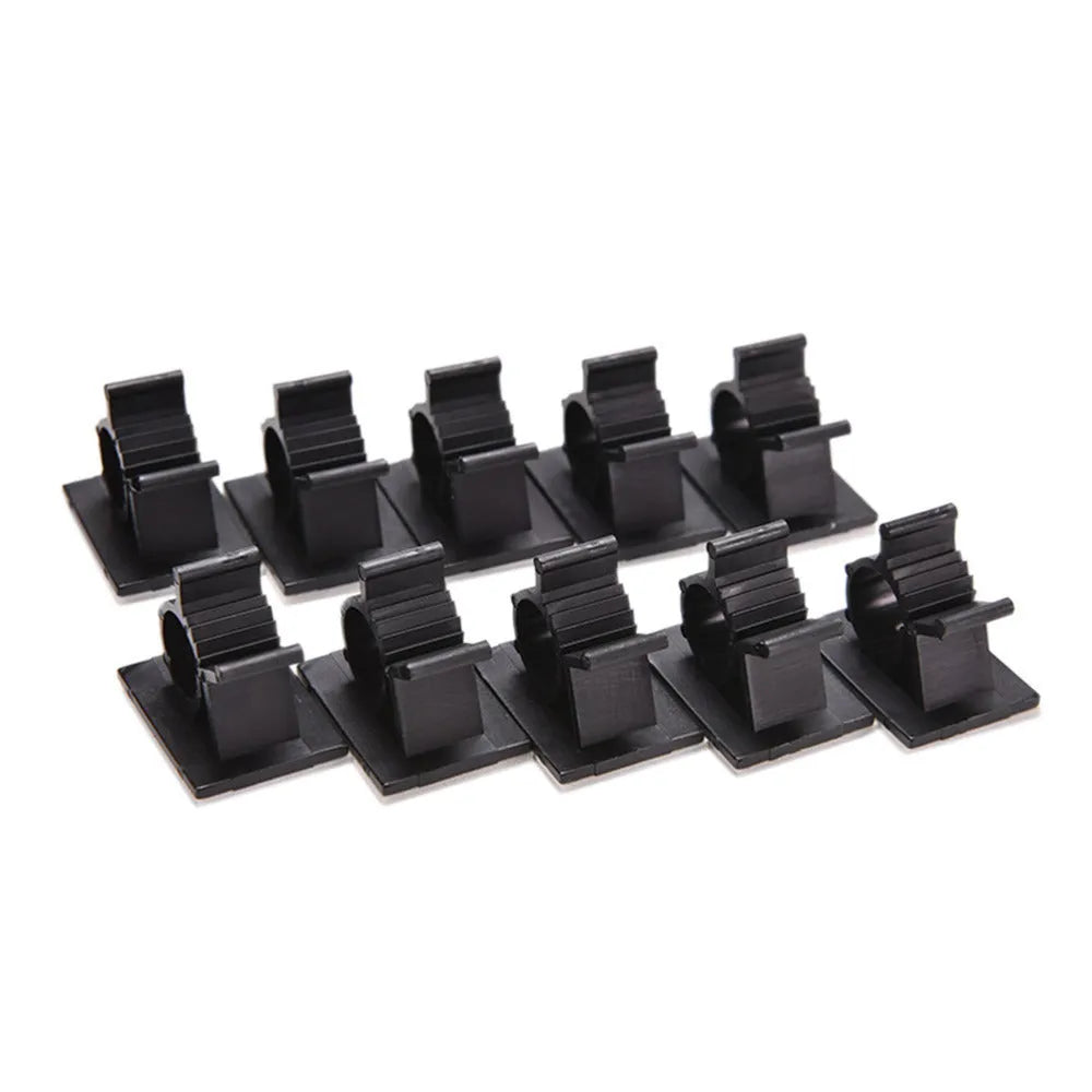 Ten black nylon adhesive cable clamps for wire management, showing two-stage lock design.
