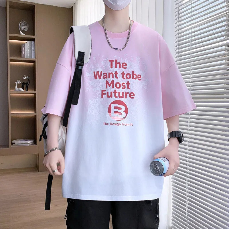Dark blue youth t-shirt with printed text, showing drop-shoulder short sleeves