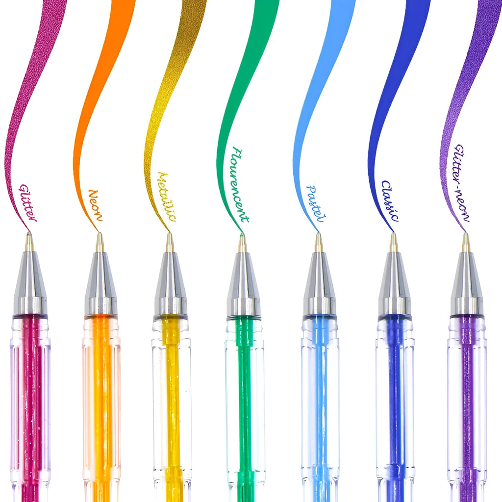 100 colour gel pens with dual 0.5mm and 1.0mm tips displayed in set, each 15cm long