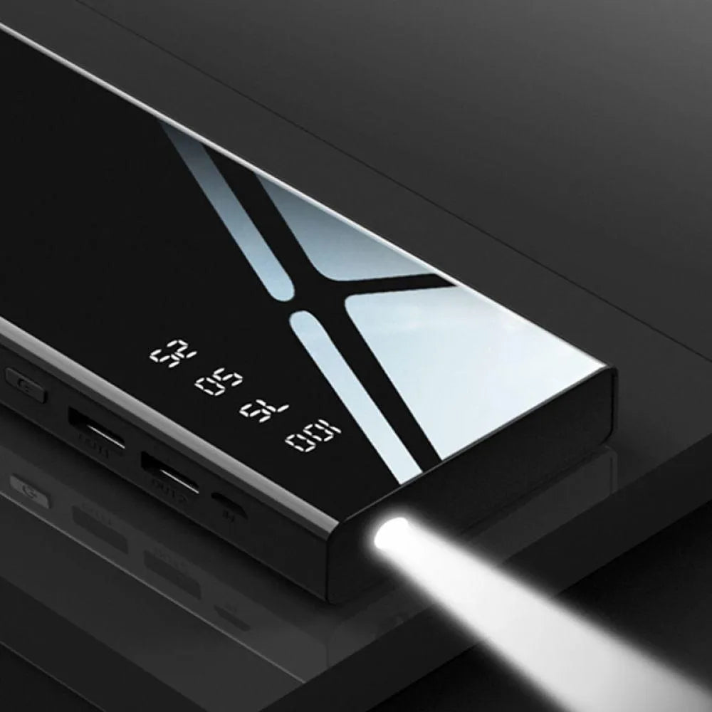 20000mAh power bank with LCD display showing battery percentage and dual USB charging ports