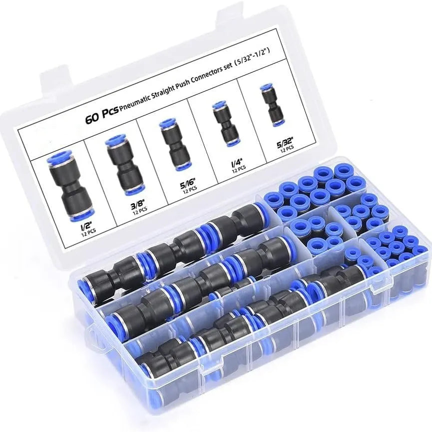 60-piece pneumatic push-in connector set with R1/4 and R1/2 calibres for compressed air systems