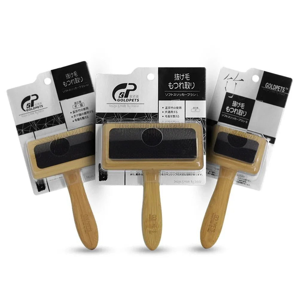 Goldpets bamboo slicker brush with wooden handle and stainless steel pins for grooming cats and dogs.
