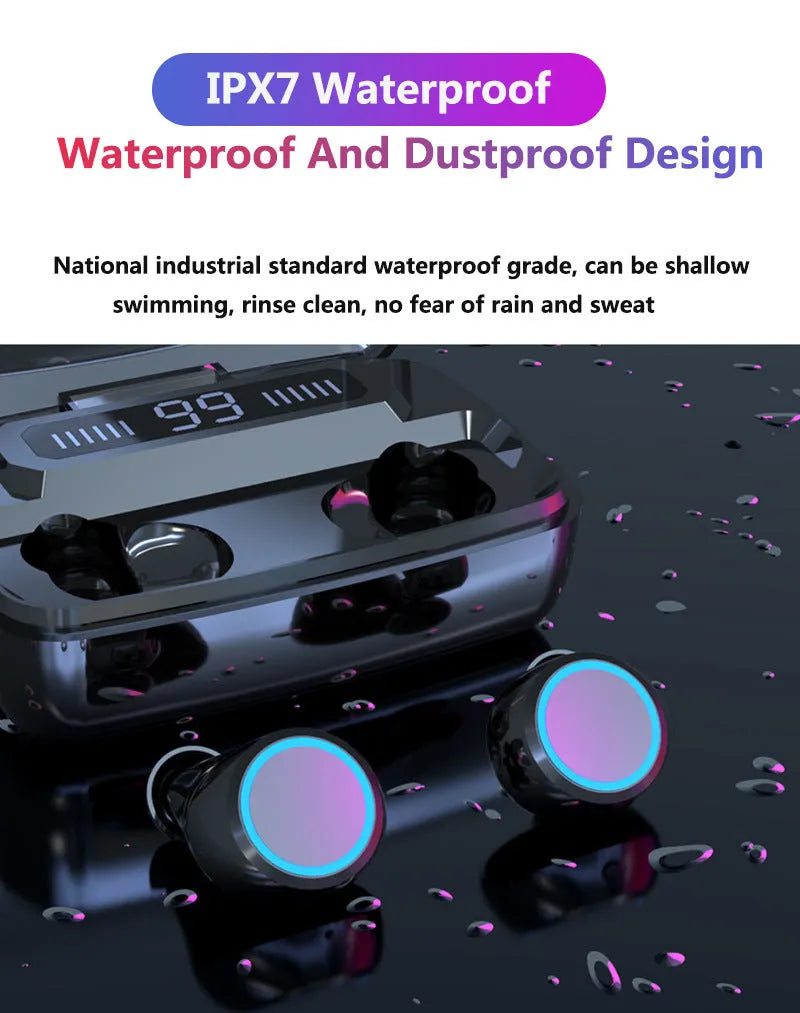 Black wireless Bluetooth headset with charging case showing digital power display and integrated mobile phone holder.