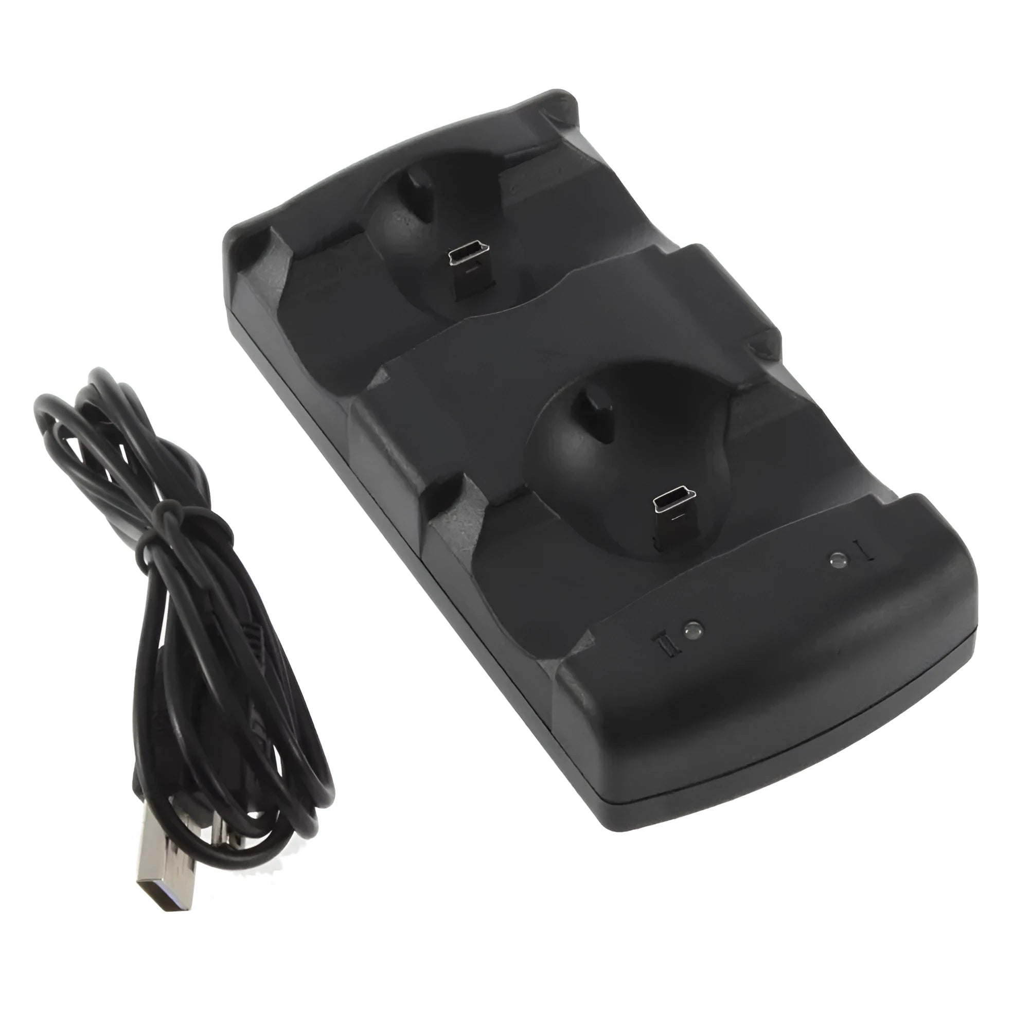 Black plastic dual USB charging dock for PlayStation 3 wireless controllers.