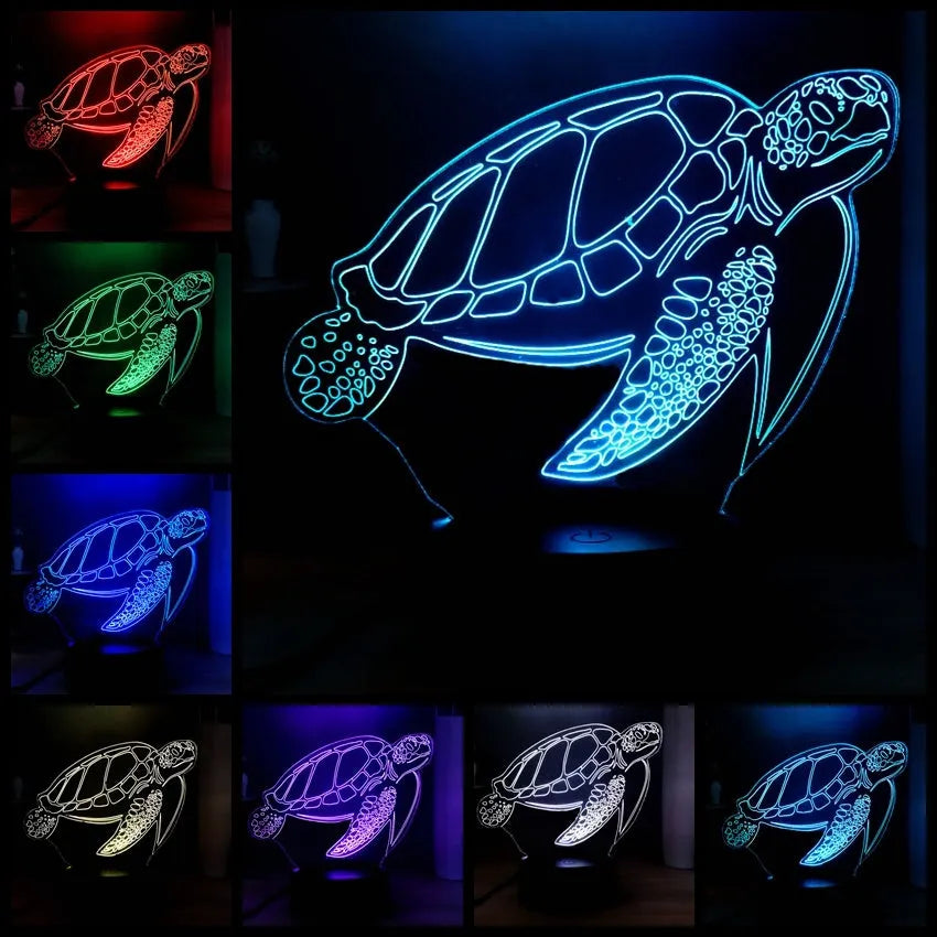 3D green turtle-shaped LED night light with colourful glow, showing remote control and USB cable.