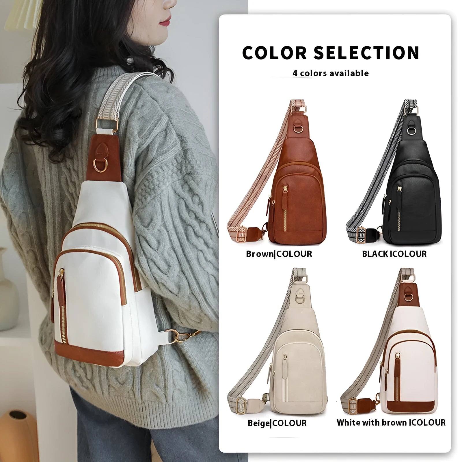 Soft brown PU leather women's crossbody chest bag with an open front pocket.