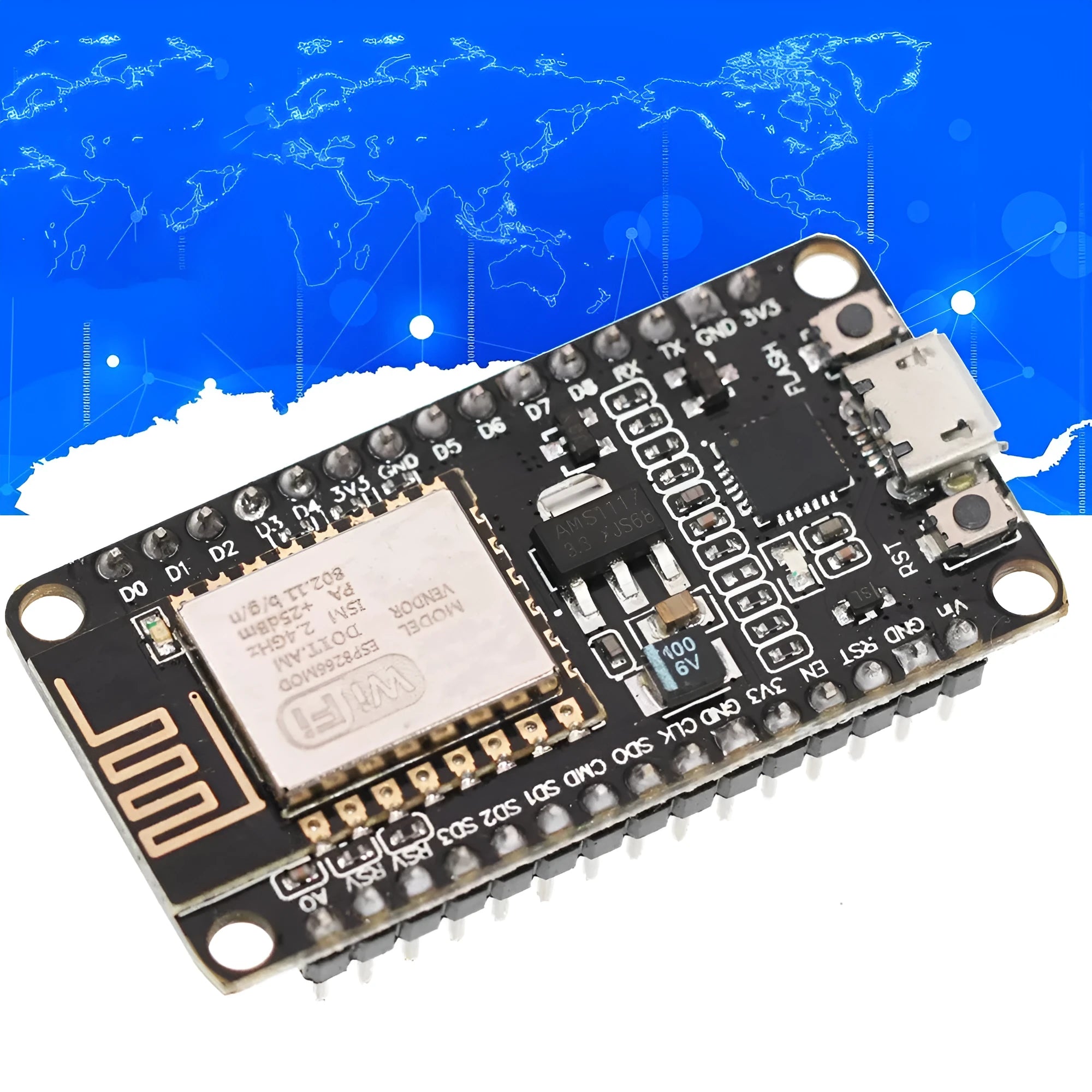 NodeMcu Lua WIFI Development Board featuring ESP8266 microcontroller with CH340G USB interface chip