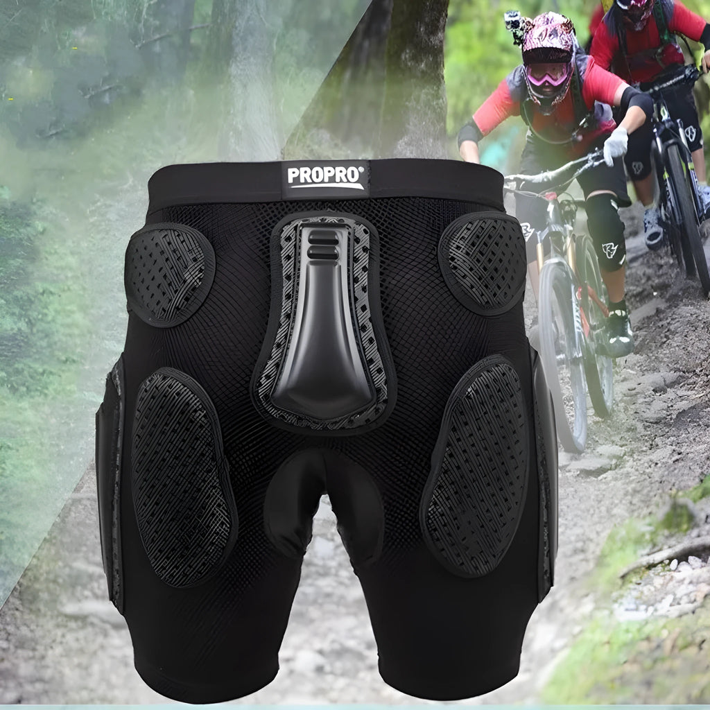 Black cycling protective pants with hip pads in sizes S, M, L, XL.