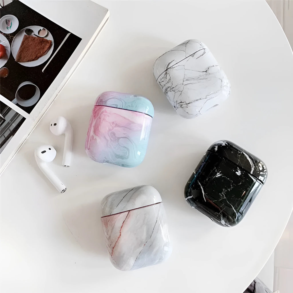 White marble effect hard PC protective case for Apple AirPods 1 and 2 charging box