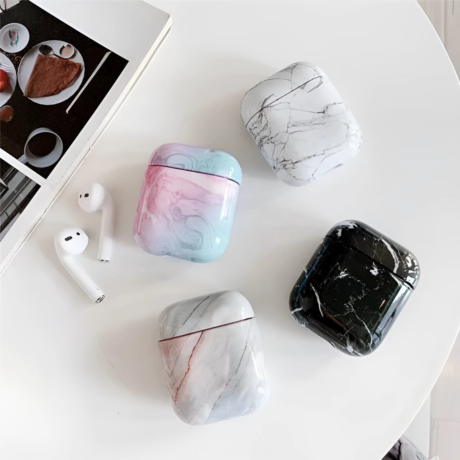 White marble effect hard PC protective case for Apple AirPods 1 and 2 charging box