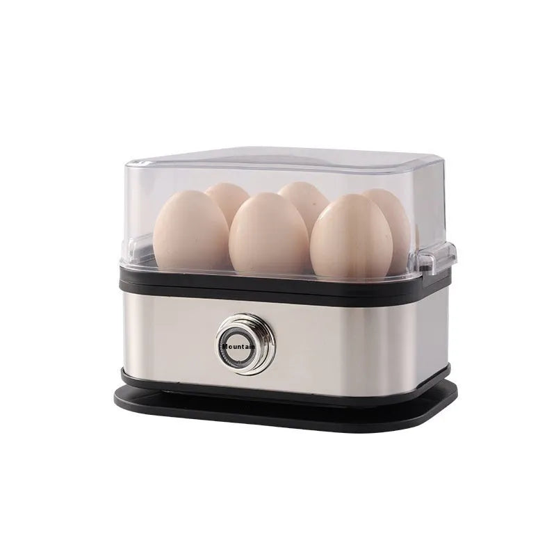 Black stainless steel mini portable electric egg boiler on a countertop