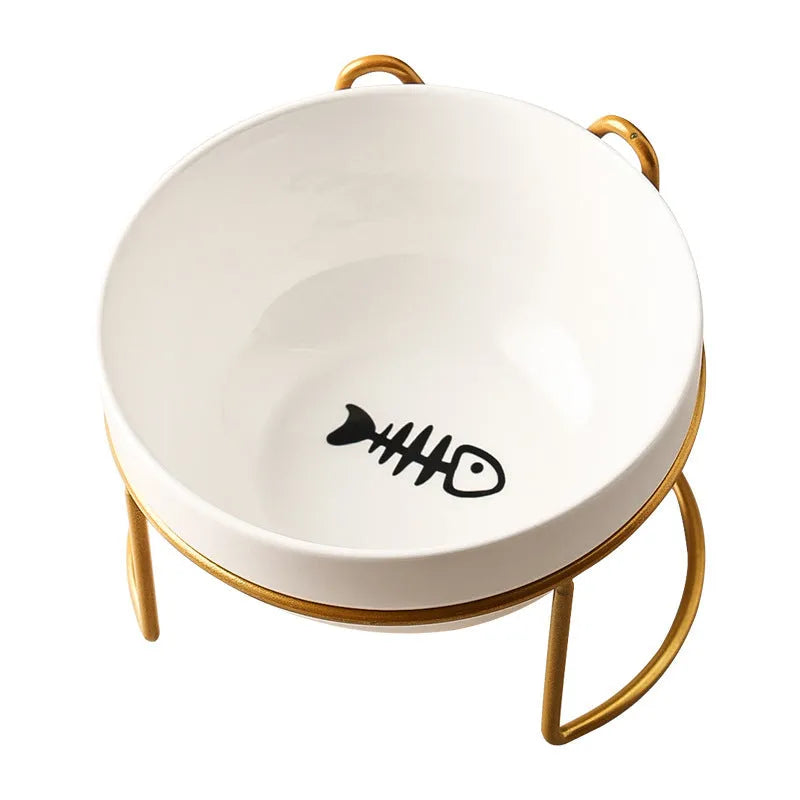 White ceramic cat bowl with cat paw pattern and black iron frame with cat ears