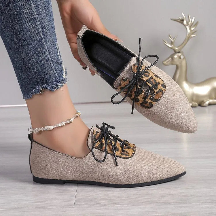 Beige leopard print pointed toe pumps for women in plus sizes 36-43 with artificial PU upper