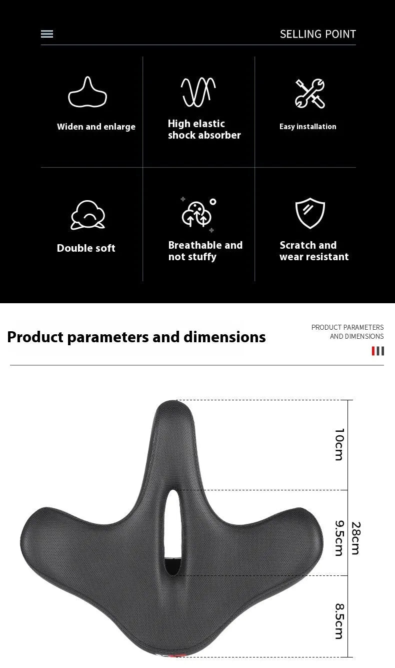 Black bicycle saddle cushion with thickened foam padding for shock absorption.
