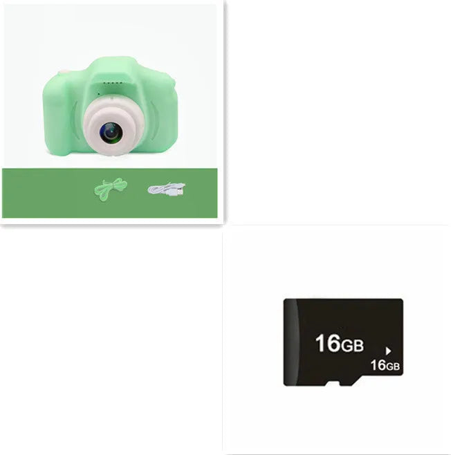 X2 HD mini cartoon kids digital camera in silicone body with 2-inch screen and lanyard.