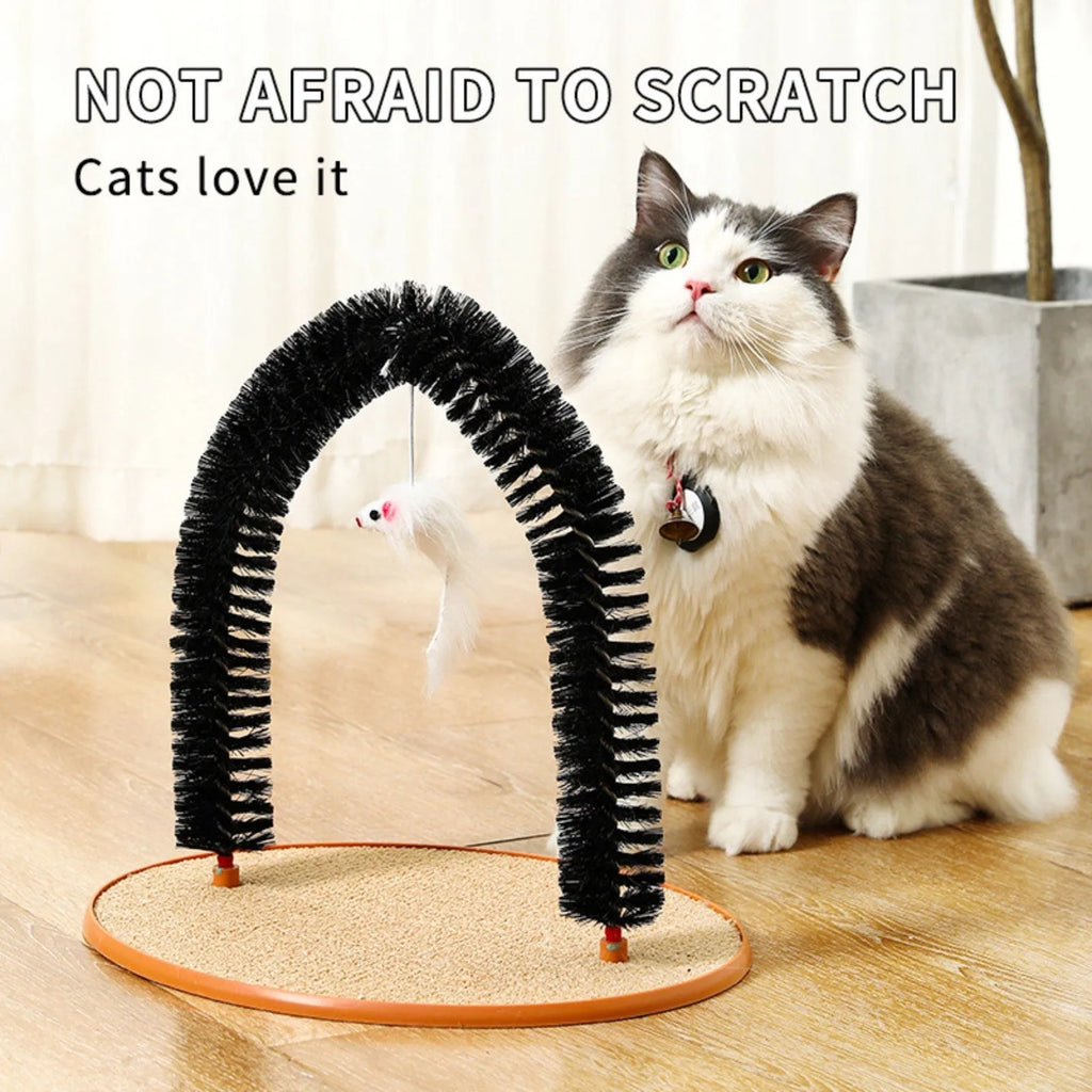 Black cat arch brush scratching post with attached plush mouse toy on non-slip base