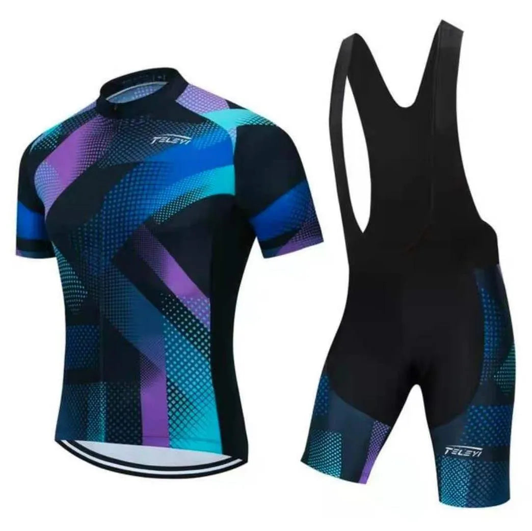 Cycling jersey and pants set for summer biking with moisture-wicking fabric.