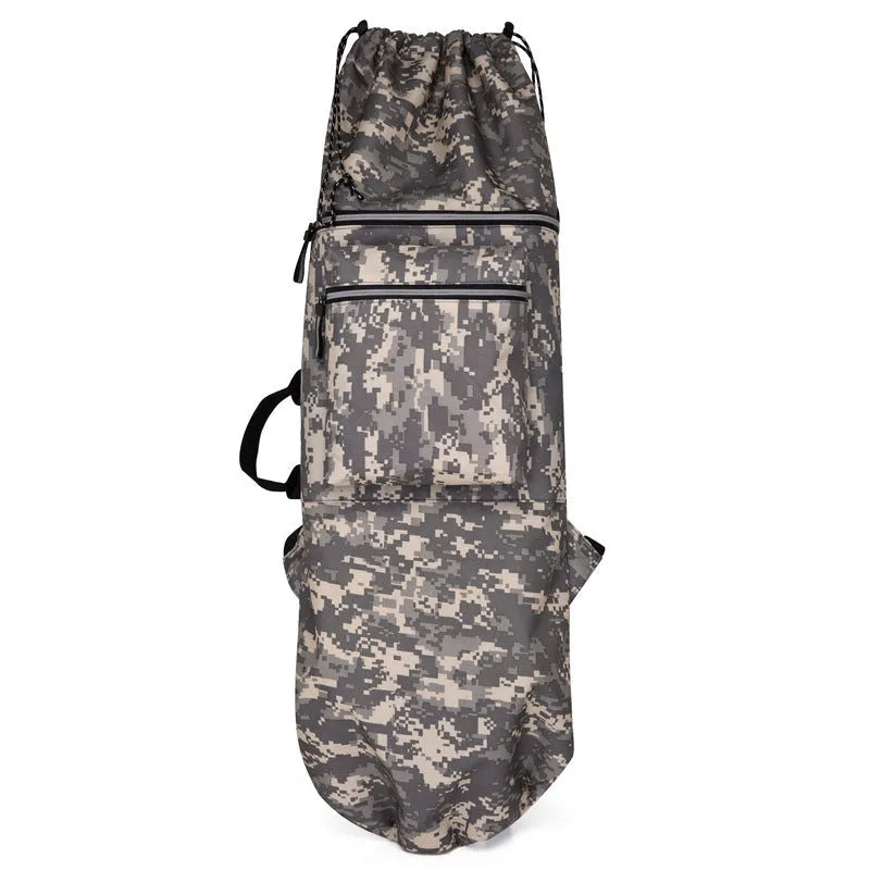Nylon skateboard backpack in black, shown with a longboard, featuring multiple pockets and adjustable straps.