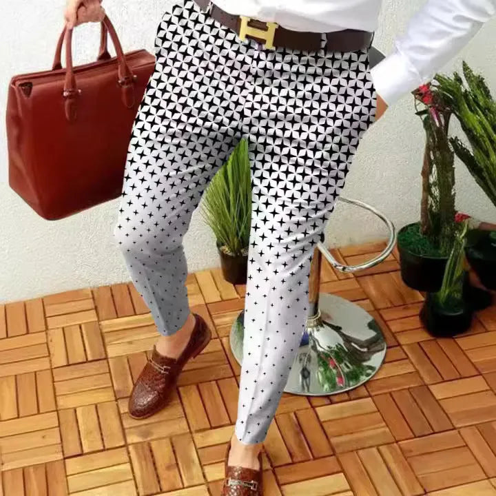 Men's slim-fit plaid casual trousers with 3D printed pattern for autumn winter wear