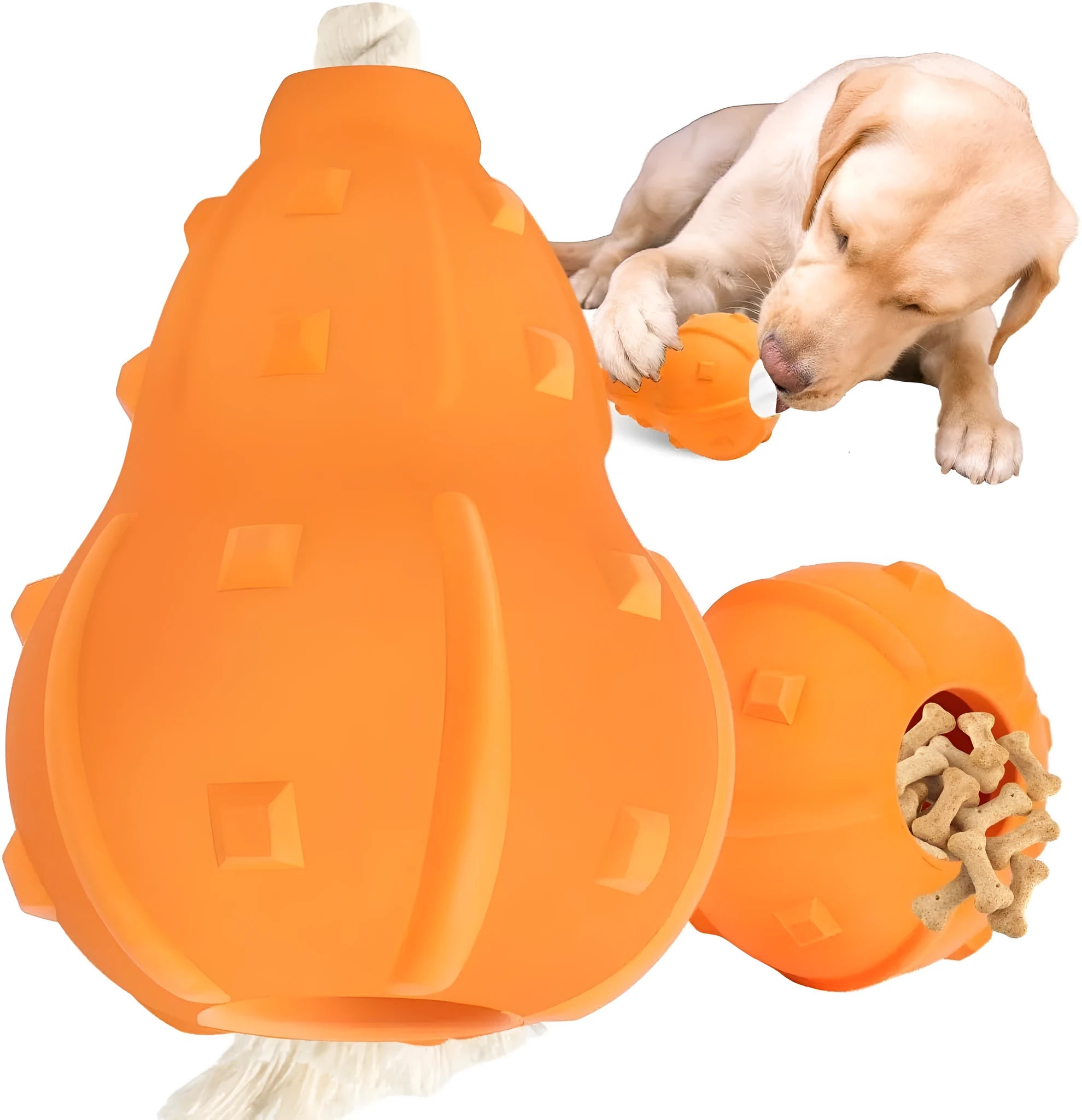 Natural rubber stuffable dog toy with a long strap for fetch and interactive chewing games.