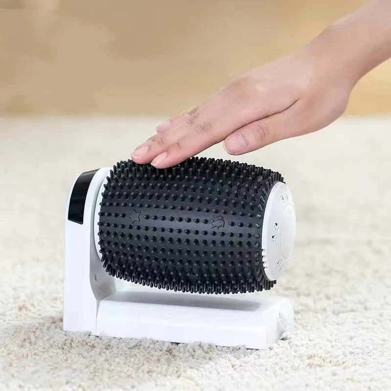 White automatic cat self groomer with silicone bristles mounted in wall corner