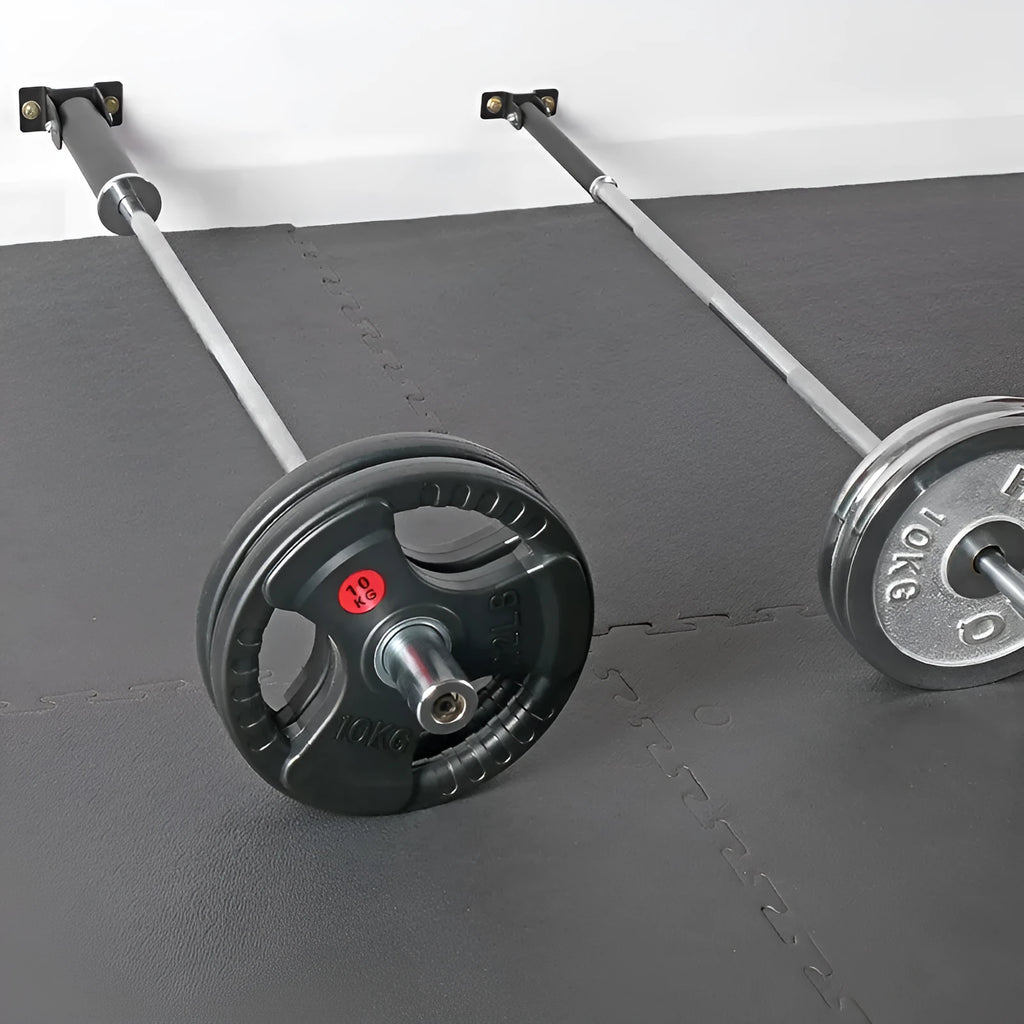 Steel wall barbell rack with 25 tubes for storing multiple weightlifting bars