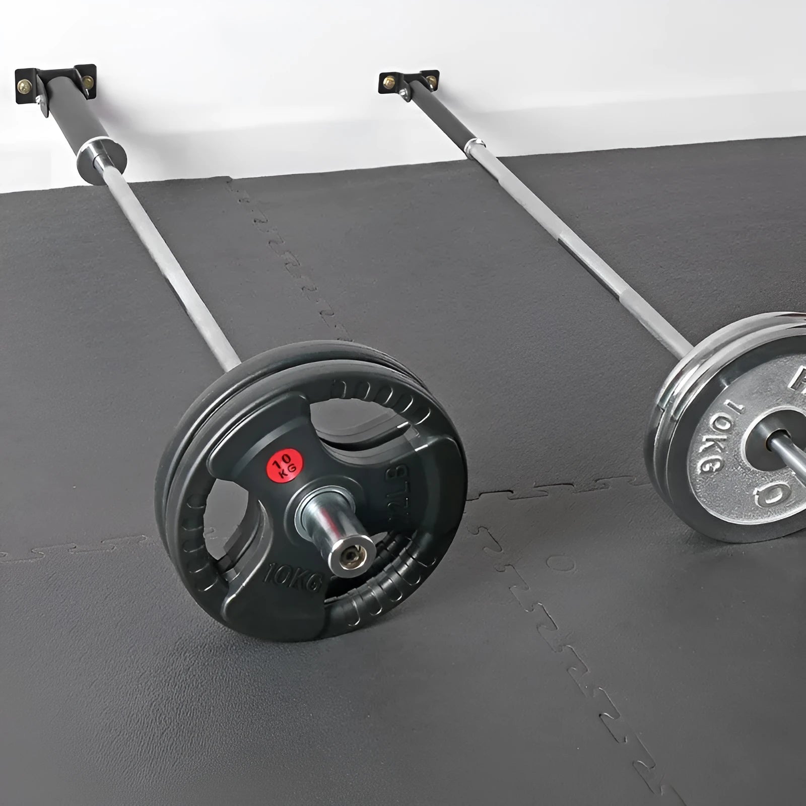 Steel wall barbell rack with 25 tubes for storing multiple weightlifting bars